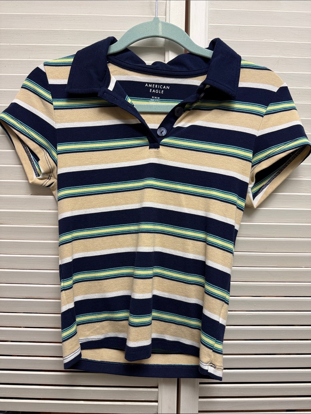 American Eagle Outfitters Navy, Tan & Green Striped Polo